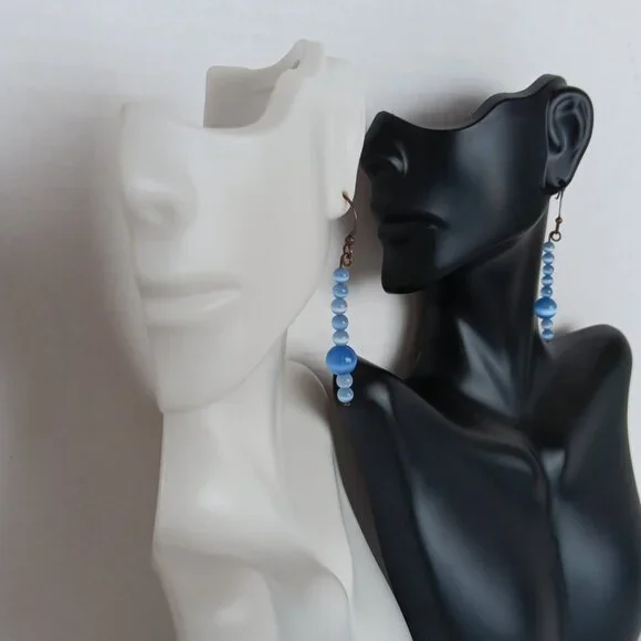 Hand Crafted Periwinkle Blue Dangle Earrings With Banded Agate Round Beads NWT - Picture 2 of 16